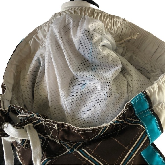 OP Board Shorts Swim Trunks Men L 36 38 Brown White Teal Plaid Mesh Lining - Picture 7 of 9